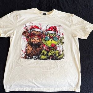 Gildan Cream Short Sleeve Tee with highland cow and The Grinch
